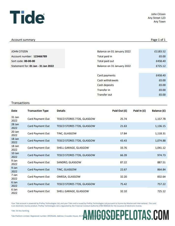 Extrato bancário da maré do Reino Unido em branco, modelo Word e PDF